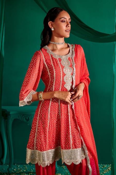 Mustard Moon By Neyha And Vrinda_Red Georgette, Satin Gota Patti, Mukaish Embroidered A-line Kurta Salwar Set _Online_at_Aza_Fashions