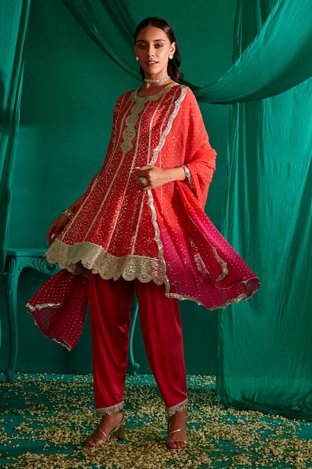 Buy_Mustard Moon By Neyha And Vrinda_Red Georgette, Satin Gota Patti, Mukaish Embroidered A-line Kurta Salwar Set _Online_at_Aza_Fashions