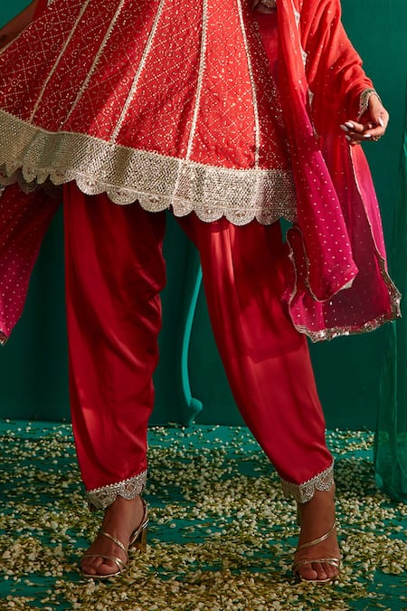 Shop_Mustard Moon By Neyha And Vrinda_Red Georgette, Satin Gota Patti, Mukaish Embroidered A-line Kurta Salwar Set _Online_at_Aza_Fashions