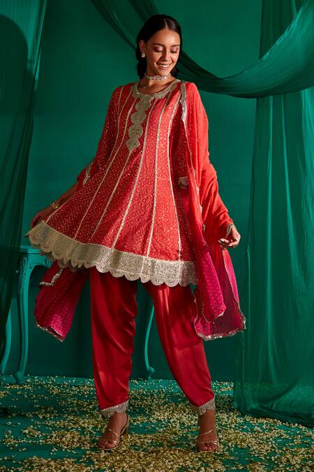 Mustard Moon By Neyha And Vrinda_Red Georgette, Satin Gota Patti, Mukaish Embroidered A-line Kurta Salwar Set _at_Aza_Fashions