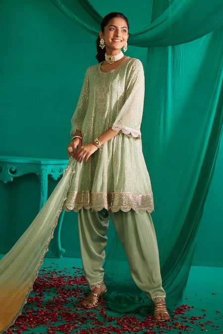Shop Mustard Moon By Neyha And Vrinda Green Georgette, Satin Embroidery, Mirrors Mukaish A-line Kurta And Salwar Set at Aza Fashions Shop_Mustard Moon By Neyha And Vrinda_Green Georgette, Satin Embroidery, Mirrors Mukaish A-line Kurta And Salwar Set _at_Aza_Fashions