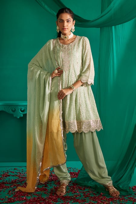 Mustard Moon By Neyha And Vrinda Green Georgette, Satin Embroidery, Mirrors Mukaish A-line Kurta And Salwar Set Online at Aza Fashions Mustard Moon By Neyha And Vrinda_Green Georgette, Satin Embroidery, Mirrors Mukaish A-line Kurta And Salwar Set _Online_at_Aza_Fashions