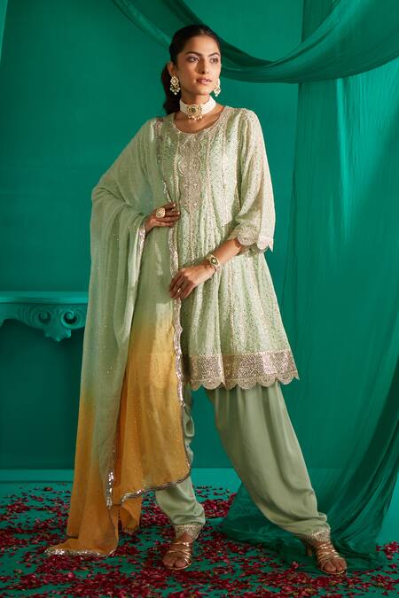 Buy Mustard Moon By Neyha And Vrinda Green Georgette, Satin Embroidery, Mirrors Mukaish A-line Kurta And Salwar Set Online at Aza Fashions Buy_Mustard Moon By Neyha And Vrinda_Green Georgette, Satin Embroidery, Mirrors Mukaish A-line Kurta And Salwar Set _Online_at_Aza_Fashions