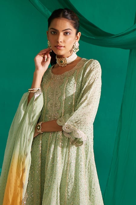 Shop Mustard Moon By Neyha And Vrinda Green Georgette, Satin Embroidery, Mirrors Mukaish A-line Kurta And Salwar Set Online at Aza Fashions Shop_Mustard Moon By Neyha And Vrinda_Green Georgette, Satin Embroidery, Mirrors Mukaish A-line Kurta And Salwar Set _Online_at_Aza_Fashions