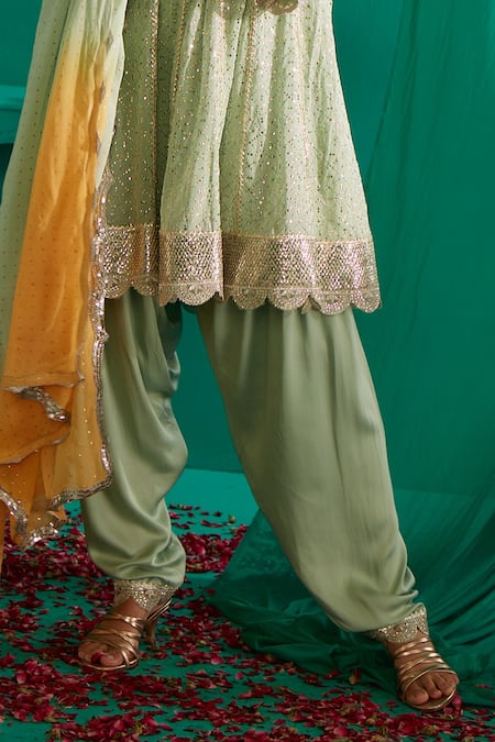 Mustard Moon By Neyha And Vrinda Green Georgette, Satin Embroidery, Mirrors Mukaish A-line Kurta And Salwar Set at Aza Fashions Mustard Moon By Neyha And Vrinda_Green Georgette, Satin Embroidery, Mirrors Mukaish A-line Kurta And Salwar Set _at_Aza_Fashions