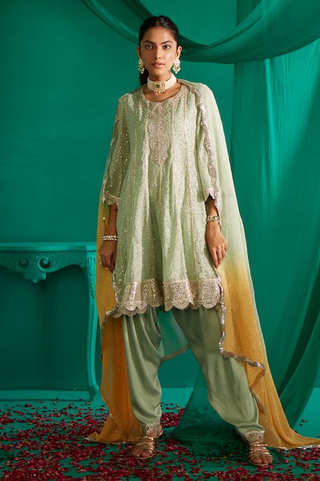 Shop Mustard Moon By Neyha And Vrinda Green Georgette, Satin Embroidery, Mirrors Mukaish A-line Kurta And Salwar Set Shop_Mustard Moon By Neyha And Vrinda_Green Georgette, Satin Embroidery, Mirrors Mukaish A-line Kurta And Salwar Set