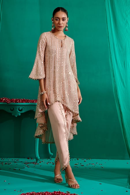 Mustard Moon By Neyha And Vrinda Mirror Embroidered Asymmetric Kurta With Tulip Pant 