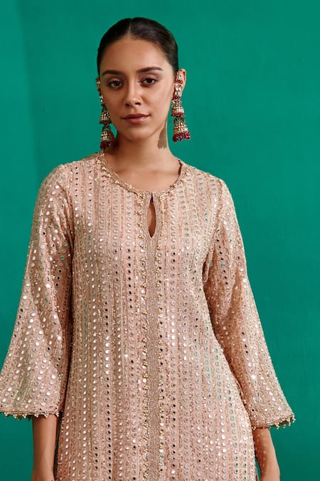 Buy_Mustard Moon By Neyha And Vrinda_Peach Georgette, Satin Mirrors, Embroidered Asymmetric Kurta With Tulip Pant _Online_at_Aza_Fashions