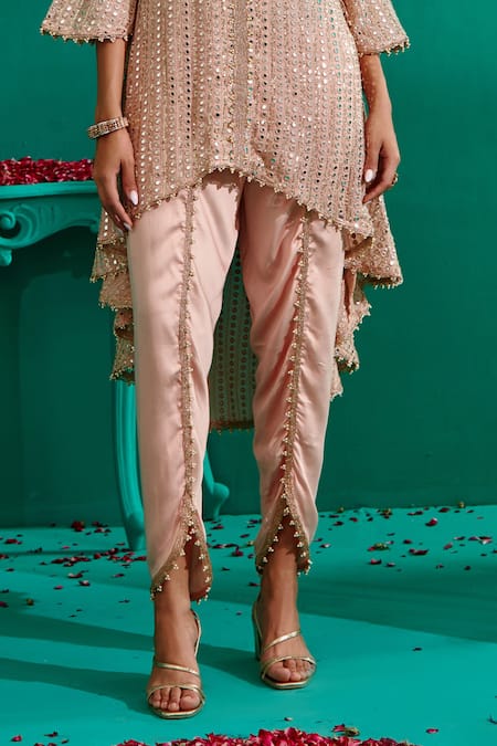 Shop_Mustard Moon By Neyha And Vrinda_Peach Georgette, Satin Mirrors, Embroidered Asymmetric Kurta With Tulip Pant _Online_at_Aza_Fashions