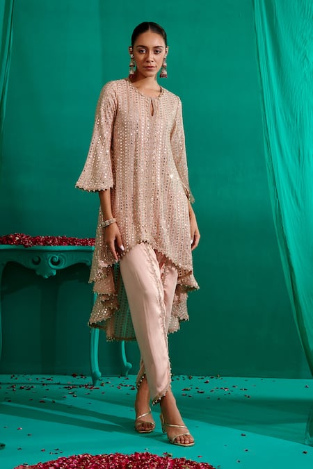 Mustard Moon By Neyha And Vrinda_Peach Georgette, Satin Mirrors, Embroidered Asymmetric Kurta With Tulip Pant _at_Aza_Fashions