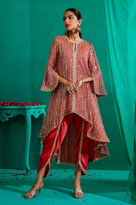 Mustard Moon By Neyha And Vrinda Red Georgette, Satin Mirrors, Asymmetric Embroidered Kurta With Tulip Pant 