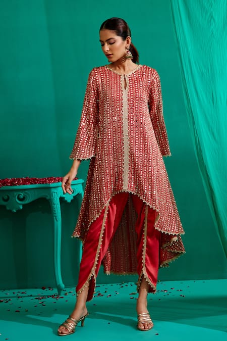 Mustard Moon By Neyha And Vrinda Asymmetric Mirror Embroidered Kurta With Tulip Pant 