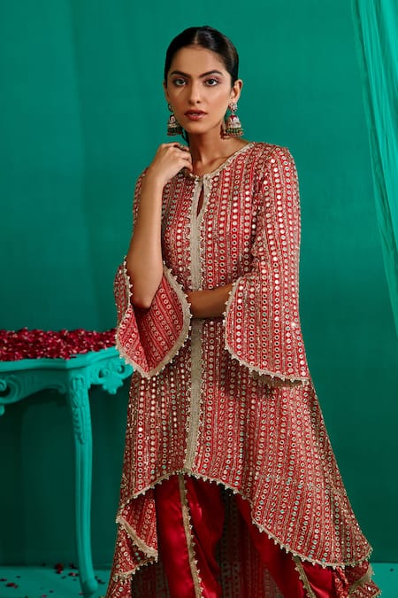 Mustard Moon By Neyha And Vrinda_Red Georgette, Satin Mirrors, Asymmetric Embroidered Kurta With Tulip Pant _Online_at_Aza_Fashions