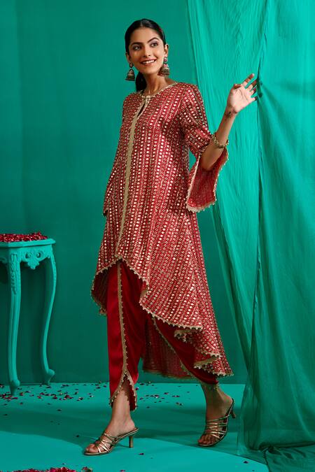 Buy_Mustard Moon By Neyha And Vrinda_Red Georgette, Satin Mirrors, Asymmetric Embroidered Kurta With Tulip Pant _Online_at_Aza_Fashions