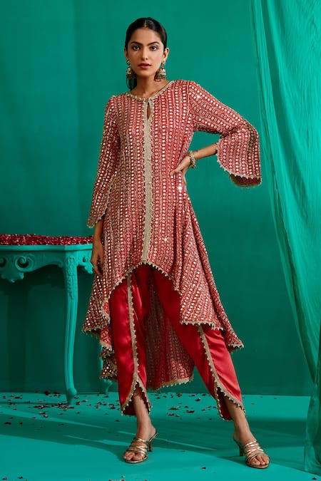 Shop_Mustard Moon By Neyha And Vrinda_Red Georgette, Satin Mirrors, Asymmetric Embroidered Kurta With Tulip Pant _Online_at_Aza_Fashions
