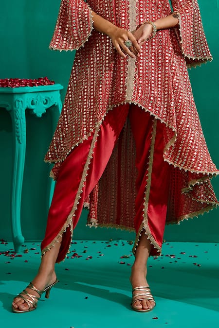 Mustard Moon By Neyha And Vrinda_Red Georgette, Satin Mirrors, Asymmetric Embroidered Kurta With Tulip Pant _at_Aza_Fashions