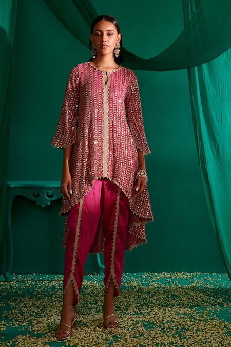 Mustard Moon By Neyha And Vrinda_Pink Georgette, Satin Mirrors, Pearls, Asymmetric Work Kurta With Tulip Pant _Online_at_Aza_Fashions