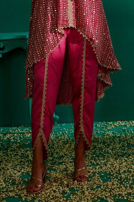 Buy_Mustard Moon By Neyha And Vrinda_Pink Georgette, Satin Mirrors, Pearls, Asymmetric Work Kurta With Tulip Pant _Online_at_Aza_Fashions