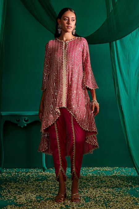 Shop_Mustard Moon By Neyha And Vrinda_Pink Georgette, Satin Mirrors, Pearls, Asymmetric Work Kurta With Tulip Pant _Online_at_Aza_Fashions