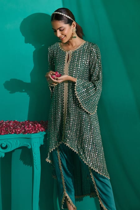 Buy_Mustard Moon By Neyha And Vrinda_Green Georgette, Satin Mirrors, Ruffled Asymmetric Work Kurta With Tulip Pant _Online_at_Aza_Fashions