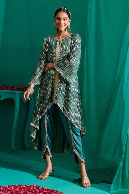 Mustard Moon By Neyha And Vrinda Ruffled Asymmetric Mirror Work Kurta With Tulip Pant 