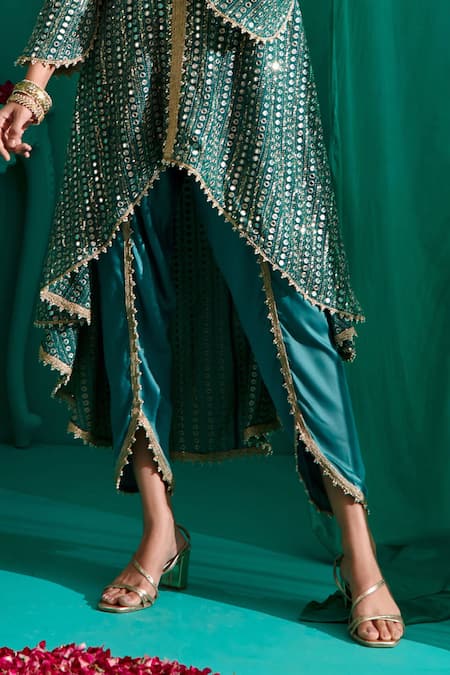 Shop_Mustard Moon By Neyha And Vrinda_Green Georgette, Satin Mirrors, Ruffled Asymmetric Work Kurta With Tulip Pant _Online_at_Aza_Fashions