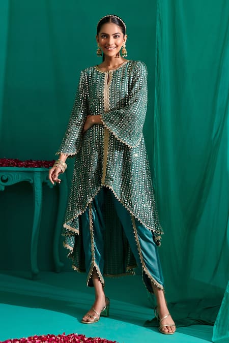 Mustard Moon By Neyha And Vrinda_Green Georgette, Satin Mirrors, Ruffled Asymmetric Work Kurta With Tulip Pant _at_Aza_Fashions