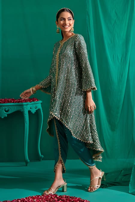 Buy_Mustard Moon By Neyha And Vrinda_Green Georgette, Satin Mirrors, Ruffled Asymmetric Work Kurta With Tulip Pant 
