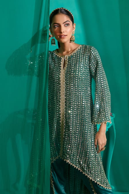Shop_Mustard Moon By Neyha And Vrinda_Green Georgette, Satin Mirrors, Ruffled Asymmetric Work Kurta With Tulip Pant 