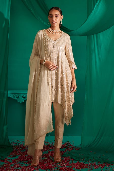 Mustard Moon by Neyha and Vrinda Ivory Kurta Georgette Embroidery Mirror V Neck Asymmetric Pant Set