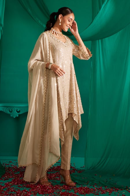 Mustard Moon By Neyha And Vrinda Asymmetric Mirror Embroidered Kurta Set 