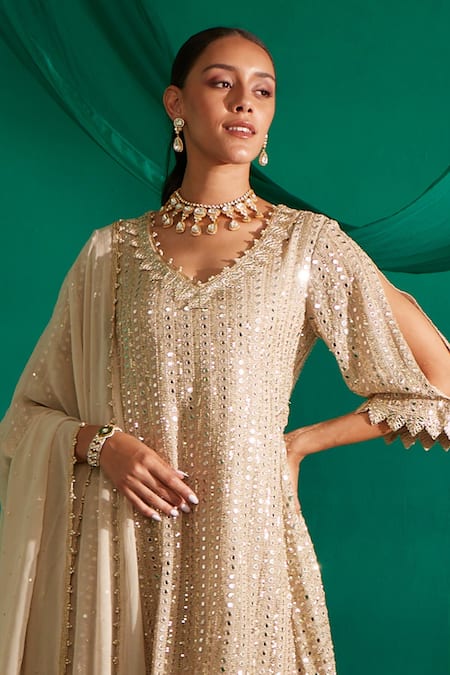 Buy_Mustard Moon By Neyha And Vrinda_Ivory Georgette, Dupion Sequins, Pearls, Mirrors, Asymmetric Kurta Set _Online_at_Aza_Fashions