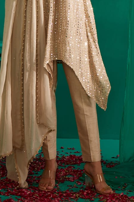 Shop_Mustard Moon By Neyha And Vrinda_Ivory Georgette, Dupion Sequins, Pearls, Mirrors, Asymmetric Kurta Set _Online_at_Aza_Fashions