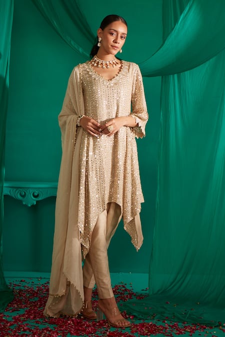 Buy_Mustard Moon By Neyha And Vrinda_Ivory Georgette, Dupion Sequins, Pearls, Mirrors, Asymmetric Kurta Set 