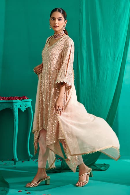 Mustard Moon By Neyha And Vrinda Asymmetric Mirror Embroidered Kurta Pant Set 