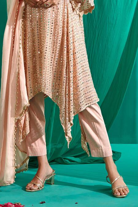 Mustard Moon By Neyha And Vrinda_Peach Georgette, Silk Pearls, Mirrors Asymmetric Embroidered Kurta Pant Set _Online_at_Aza_Fashions