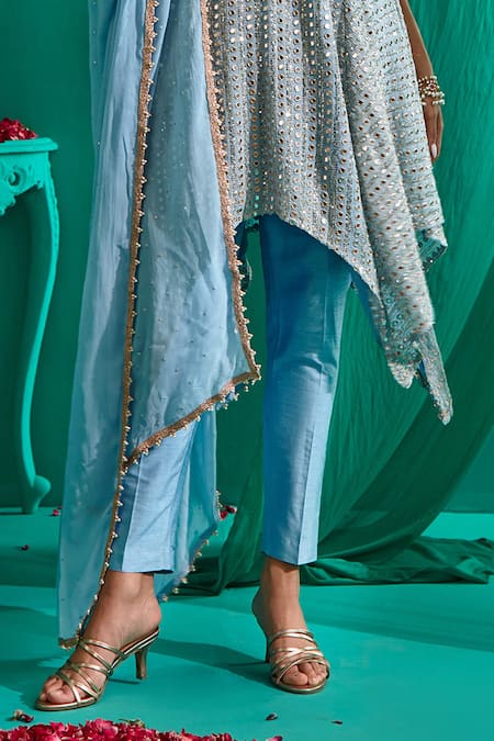 Buy_Mustard Moon By Neyha And Vrinda_Blue Georgette, Silk Pearls, Sequins V-neck Mirror Work Kurta Pant Set _Online_at_Aza_Fashions