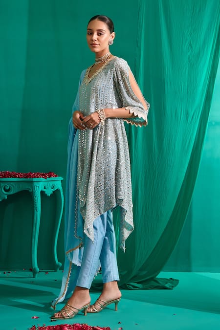 Shop_Mustard Moon By Neyha And Vrinda_Blue Georgette, Silk Pearls, Sequins V-neck Mirror Work Kurta Pant Set _Online_at_Aza_Fashions