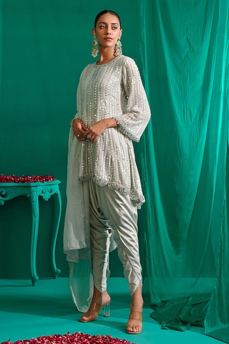 Mustard Moon By Neyha And Vrinda_Blue Georgette, Satin Mirrors Embroidered Asymmetric Kurta And Dhoti Pant Set _Online_at_Aza_Fashions