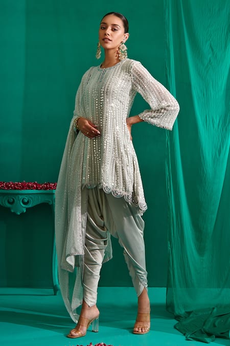 Mustard Moon By Neyha And Vrinda Mirror Embroidered Asymmetric Kurta & Dhoti Pant Set 