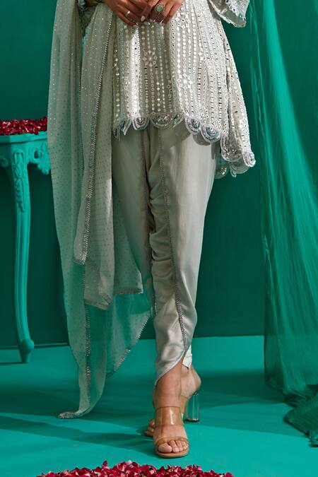 Buy_Mustard Moon By Neyha And Vrinda_Blue Georgette, Satin Mirrors Embroidered Asymmetric Kurta And Dhoti Pant Set _Online_at_Aza_Fashions