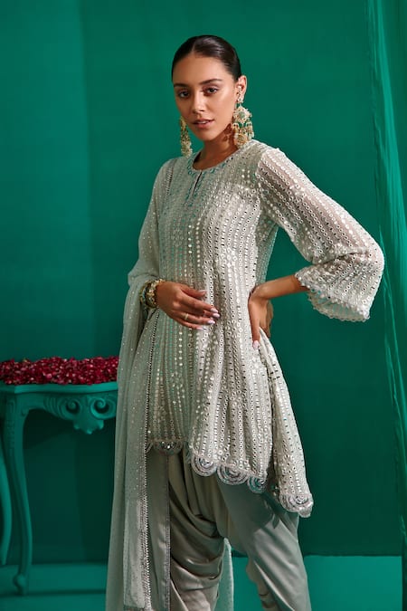 Shop_Mustard Moon By Neyha And Vrinda_Blue Georgette, Satin Mirrors Embroidered Asymmetric Kurta And Dhoti Pant Set _Online_at_Aza_Fashions