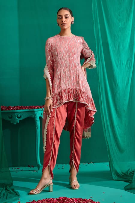 Mustard Moon by Neyha and Vrinda Pink Kurta Georgette Embroidery Sequin Round Abstract Work Tulip Pant Set