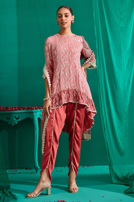Buy_Mustard Moon By Neyha And Vrinda_Pink Georgette, Net, Satin Sequins Round Abstract Work Kurta Tulip Pant Set _Online_at_Aza_Fashions