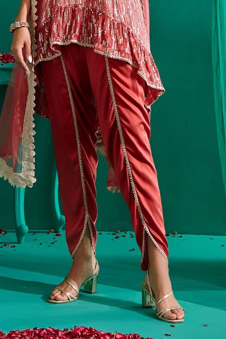 Shop_Mustard Moon By Neyha And Vrinda_Pink Georgette, Net, Satin Sequins Round Abstract Work Kurta Tulip Pant Set _Online_at_Aza_Fashions