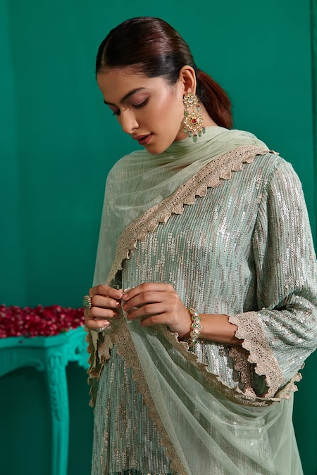 Buy Mustard Moon By Neyha And Vrinda Green Georgette, Net, Satin Sequins Abstract Embroidered Kurta Tulip Pant Set Online at Aza Fashions Buy_Mustard Moon By Neyha And Vrinda_Green Georgette, Net, Satin Sequins Abstract Embroidered Kurta Tulip Pant Set _Online_at_Aza_Fashions