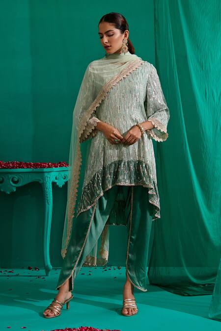 Mustard Moon By Neyha And Vrinda Green Georgette, Net, Satin Sequins Abstract Embroidered Kurta Tulip Pant Set at Aza Fashions Mustard Moon By Neyha And Vrinda_Green Georgette, Net, Satin Sequins Abstract Embroidered Kurta Tulip Pant Set _at_Aza_Fashions