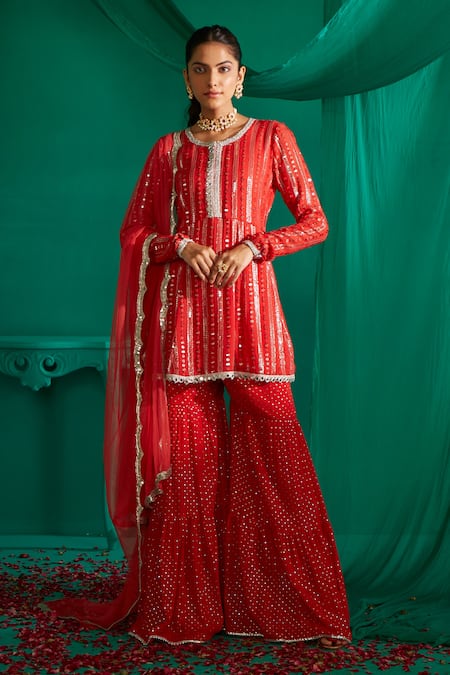 Mustard Moon by Neyha and Vrinda Red Georgette Embroidery Sequin Round Neck And Thread Work Kurta Sharara Set