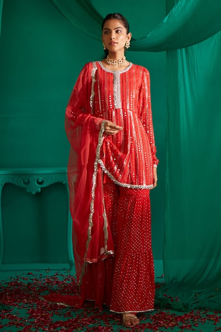 Shop Mustard Moon By Neyha And Vrinda Red Georgette, Net Sequins, Embroidery Round And Thread Work Kurta Sharara Set at Aza Fashions Shop_Mustard Moon By Neyha And Vrinda_Red Georgette, Net Sequins, Embroidery Round And Thread Work Kurta Sharara Set _at_Aza_Fashions