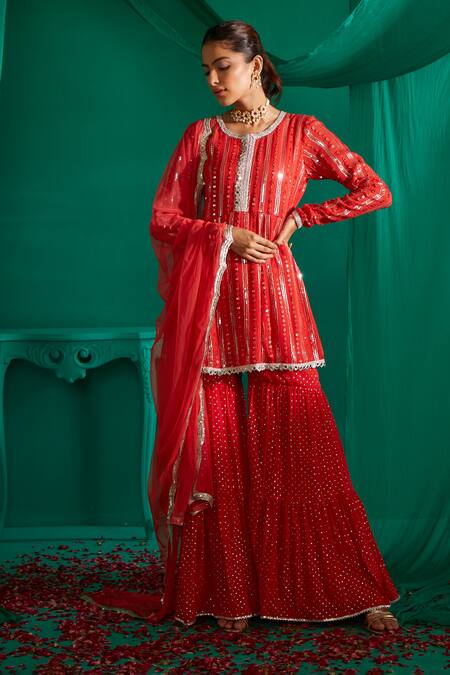 Mustard Moon By Neyha And Vrinda Red Georgette, Net Sequins, Embroidery Round And Thread Work Kurta Sharara Set Online at Aza Fashions Mustard Moon By Neyha And Vrinda_Red Georgette, Net Sequins, Embroidery Round And Thread Work Kurta Sharara Set _Online_at_Aza_Fashions